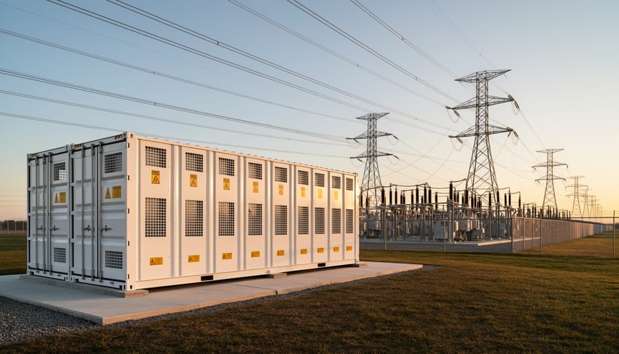Battery energy storage system containers in a fenced yard near power infrastructure