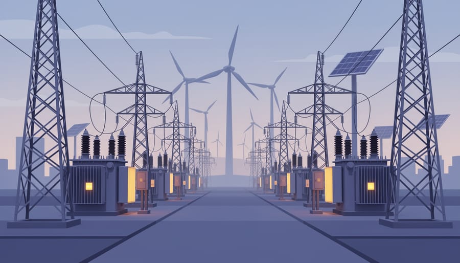 Substation infrastructure at dusk with energized equipment glow and distant wind turbines blurred in the background