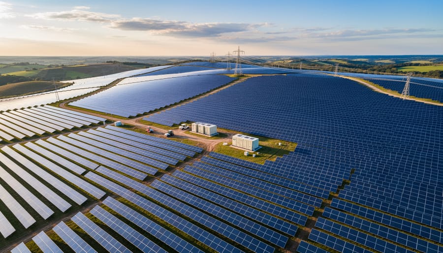 Utility-scale solar panels with sunlight reflecting off the array and a distant substation in soft focus