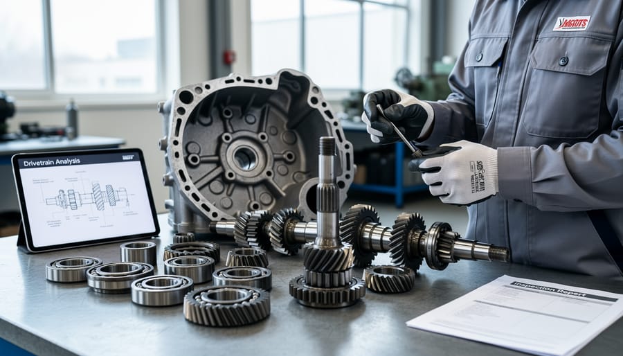 Maintenance crew area with a wind turbine gearbox housing and drivetrain components displayed for inspection near a turbine base.