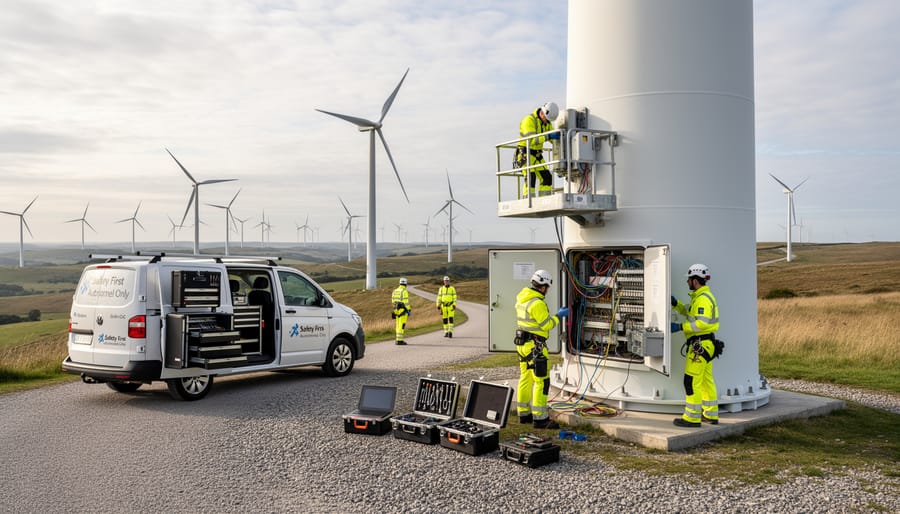 Technicians and a service crane working around a wind turbine nacelle in a wind farm field under an overcast sky.
