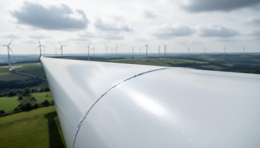 Close-up of a wind turbine blade showing the gel-coat surface and bond-line area with a distant wind farm blurred in the background.