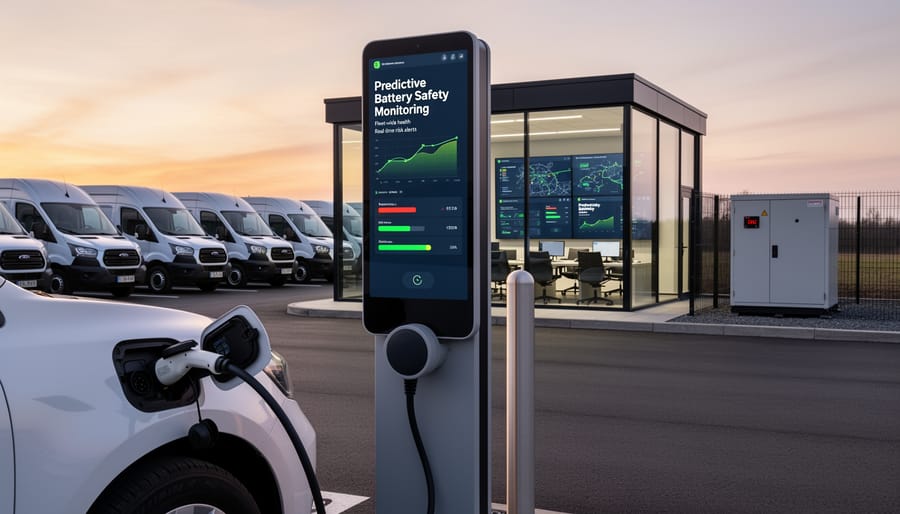 Electric vehicle parked and charging at an outdoor charging station during dusk with soft background city lights