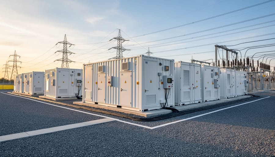 Wide exterior view of a utility-scale battery energy storage facility with metal enclosures and infrastructure fencing in the background