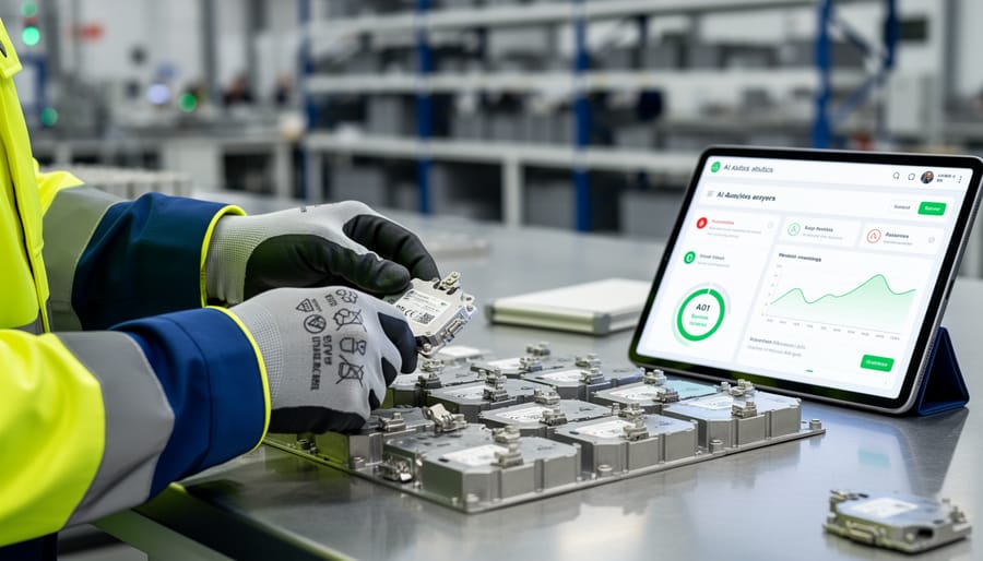 Technician wearing protective gloves inspecting an industrial battery module and nearby control hardware in a workshop setting