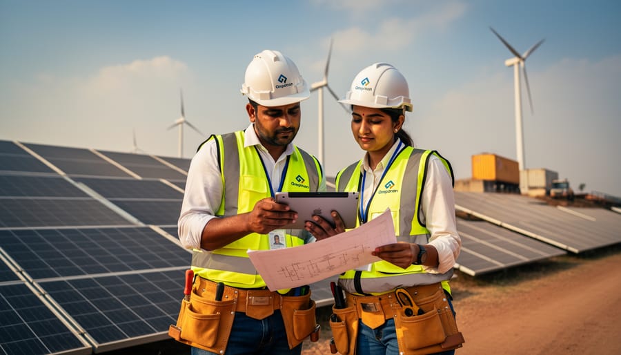 Engineers in safety gear inspecting a solar installation on an industrial rooftop