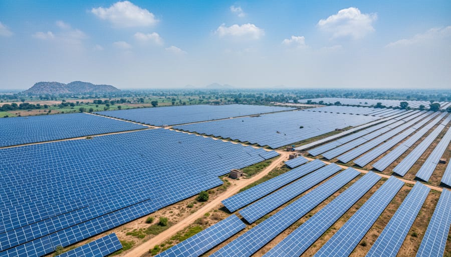 Solar panels in a large solar farm in rural India under a bright overcast sky