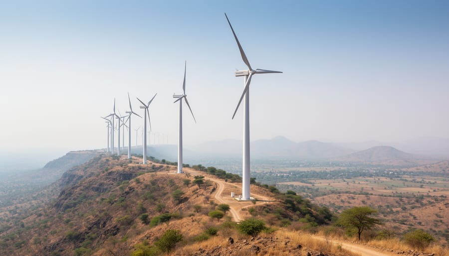 Wind turbines rotating at a ridgeline with golden hour sunlight