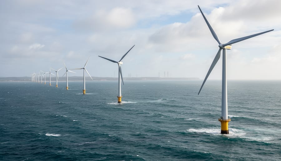 Offshore wind turbines extending over the ocean under an overcast sky