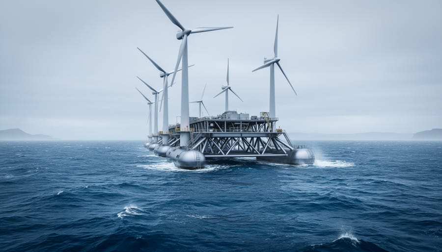 Floating offshore wind turbines generate clean power over the ocean under soft natural daylight.
