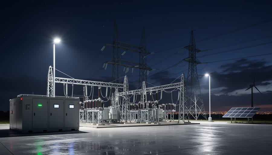 Illuminated electrical substation equipment at night with stormy background glow