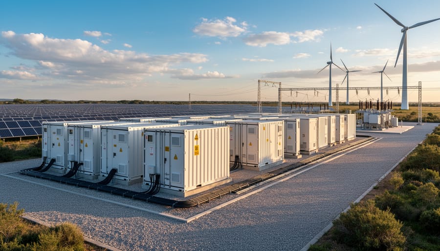 Close view of battery energy storage containers at a utility-scale facility