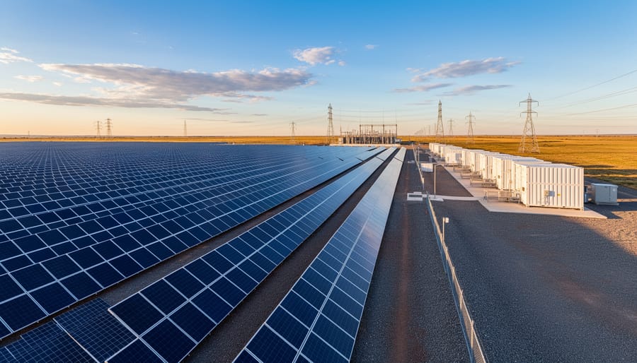 Wide view of utility-scale solar panels in a solar farm under golden hour sunlight