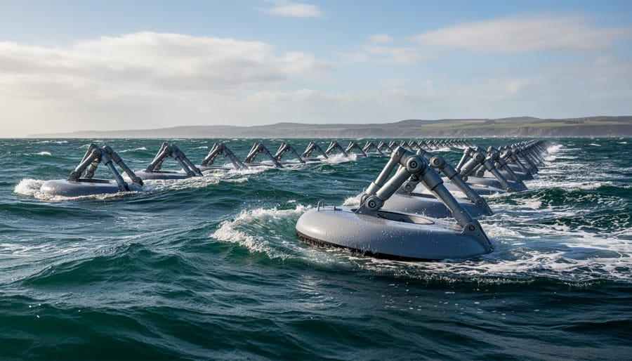 Wave energy converter device floating near the ocean surface with waves breaking in golden light