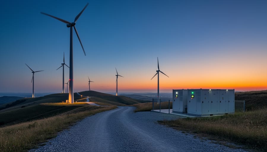 Wind turbine blades silhouetted at dusk with a receding wind farm in the background